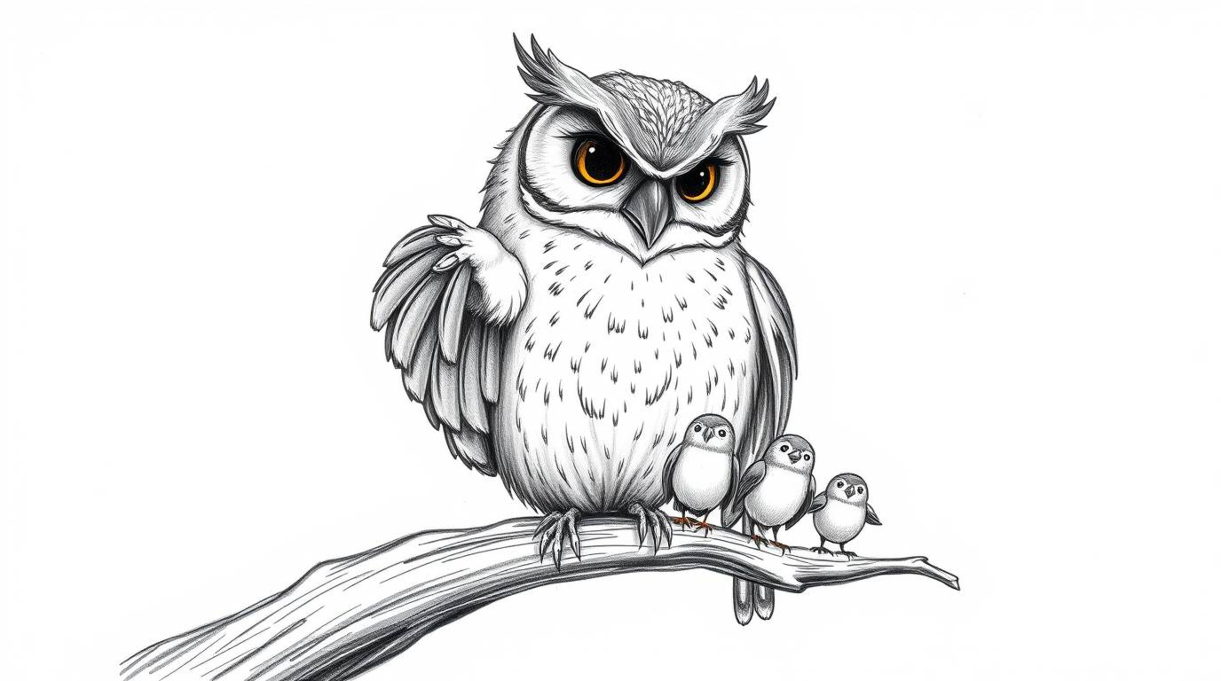 A heart-warming scene unfolds as a blind owl, depicted in a charming, hand-drawn Pixar style, dedicates itself to teaching sm