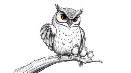 A heart-warming scene unfolds as a blind owl, depicted in a charming, hand-drawn Pixar style, dedicates itself to teaching sm