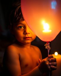 A captivating image of a child with tan skin gently holding a vibrant balloon, bathed in the warm, flickering light of candle