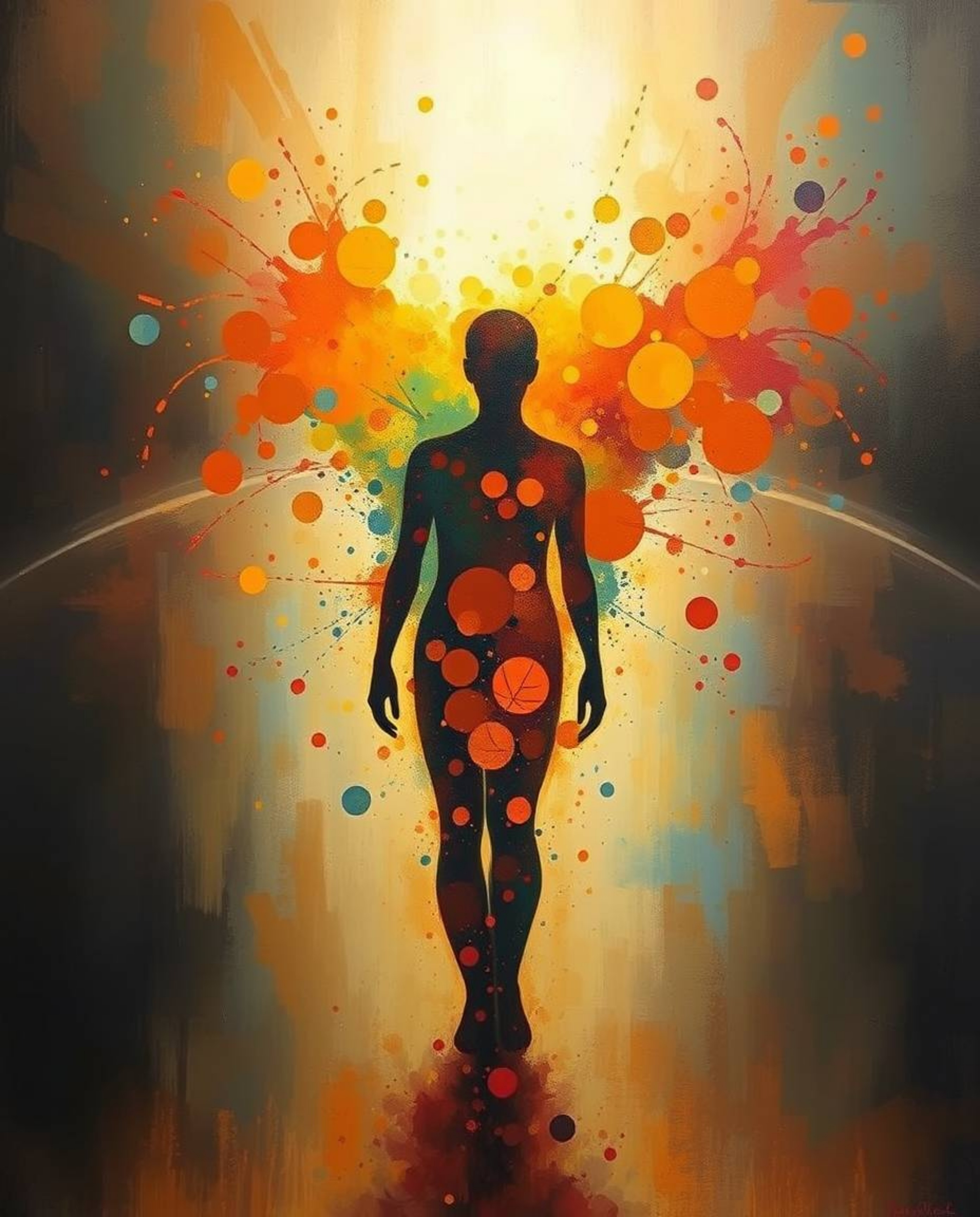 This stunning artwork features an ethereal painting of a human silhouette, uniquely formed by vibrant and colorful splash pat