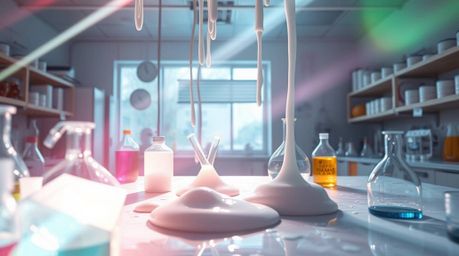 Immerse yourself in a gentle and soothing depiction of a slime-covered science lab, bathed in bright lens flare and soft past