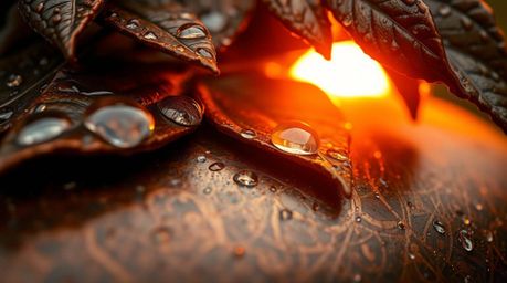 This image showcases an extreme macro close-up of a cast bronze surface, beautifully reflecting the sunset in raindrops on le