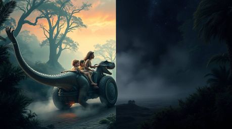 A captivating split-screen image depicts a prehistoric family enjoying a whimsical ride in a dinosaur-shaped car through a my