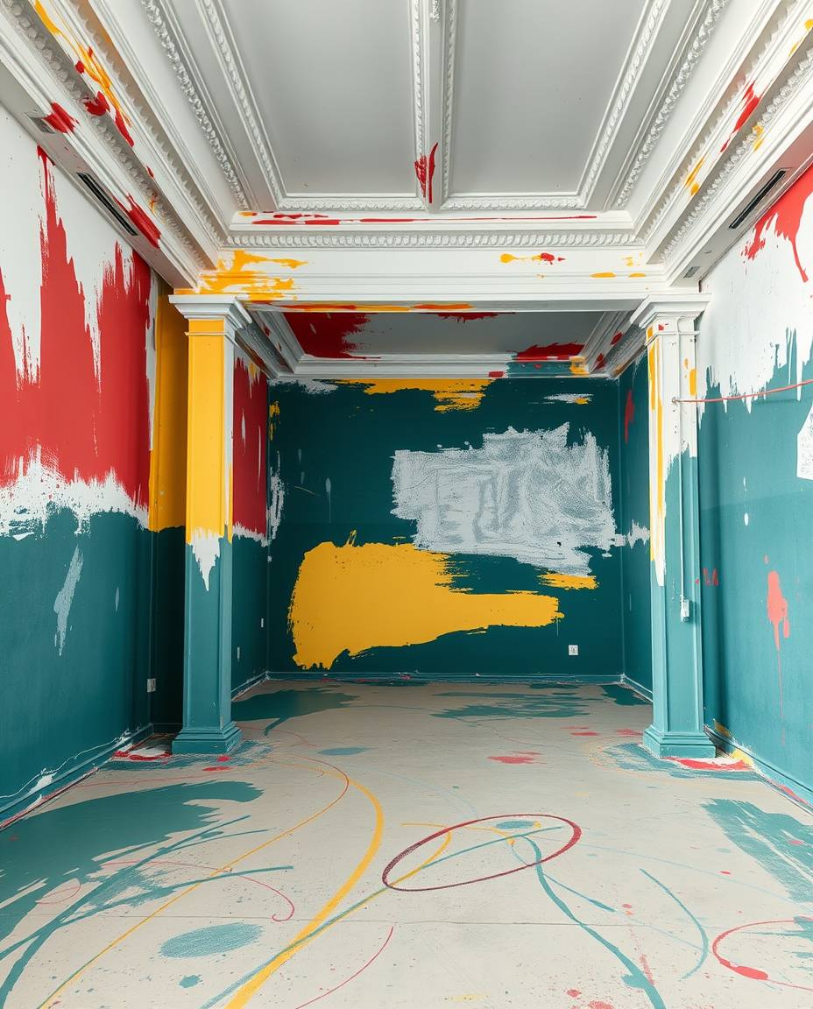 This captivating architectural photograph showcases a room in the throes of a vibrant paint explosion. The composition is met
