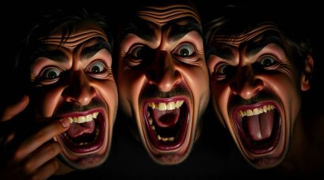 A hilarious gross-out comedy scene featuring exaggerated facial expressions.  Rendered in intense jet black with dramatic chi