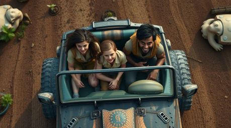 A captivating high-angle shot depicts a diverse prehistoric family enjoying a thrilling ride in a fantastical dinosaur-shaped
