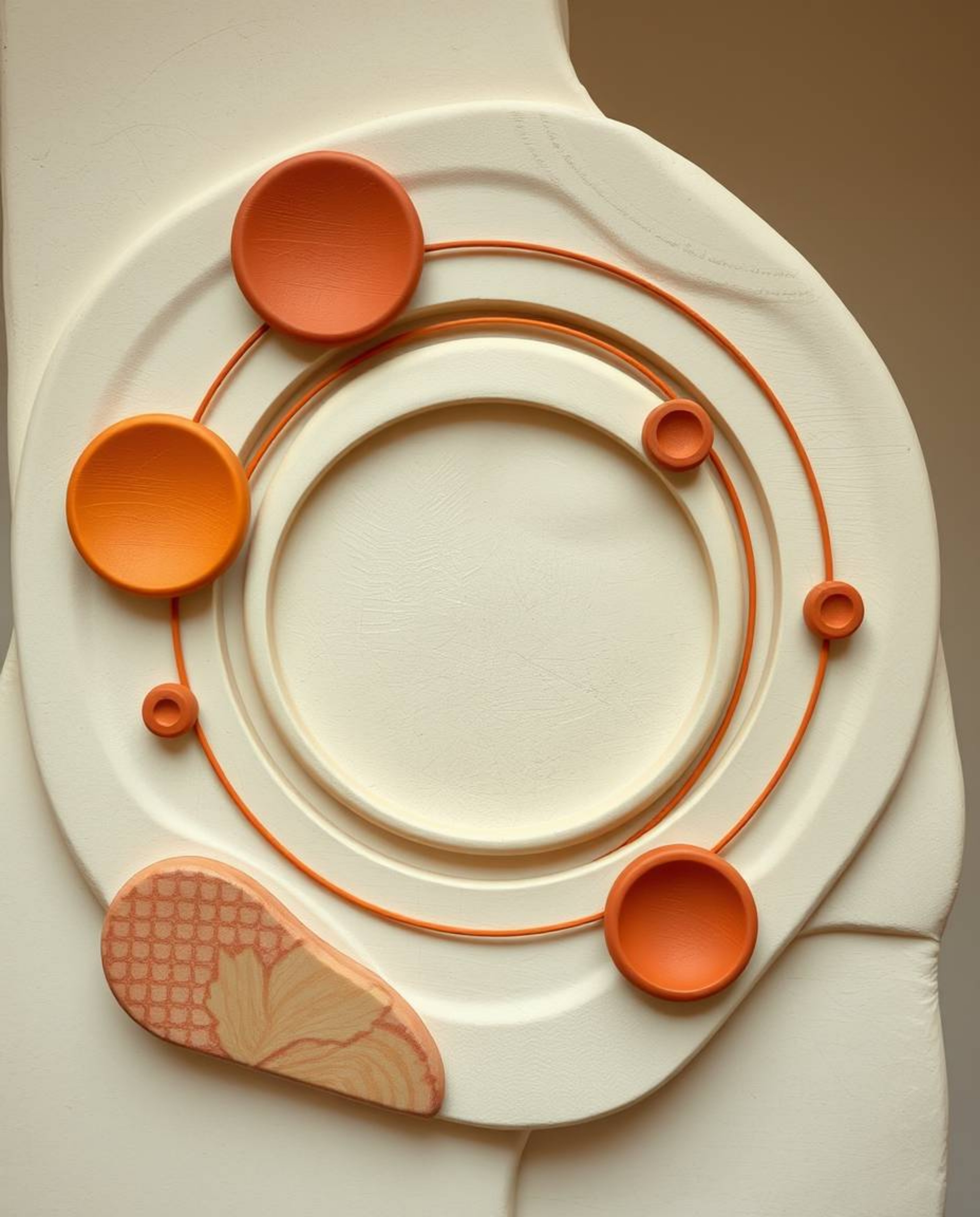 This stunning sculptural clay art piece features a minimalist geometric pattern of circles and lines in the classic Bauhaus s