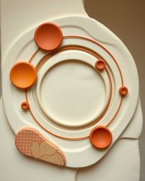 This stunning sculptural clay art piece features a minimalist geometric pattern of circles and lines in the classic Bauhaus s
