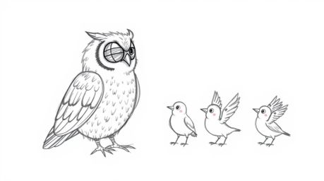 A heartwarming hand-drawn sketch in a Pixar-esque style depicting a blind owl with textured pencil strokes subtly shading its
