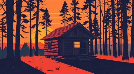 A captivating flat design illustration showcases an old wooden cabin nestled within a sunset-drenched woods.  The image utili