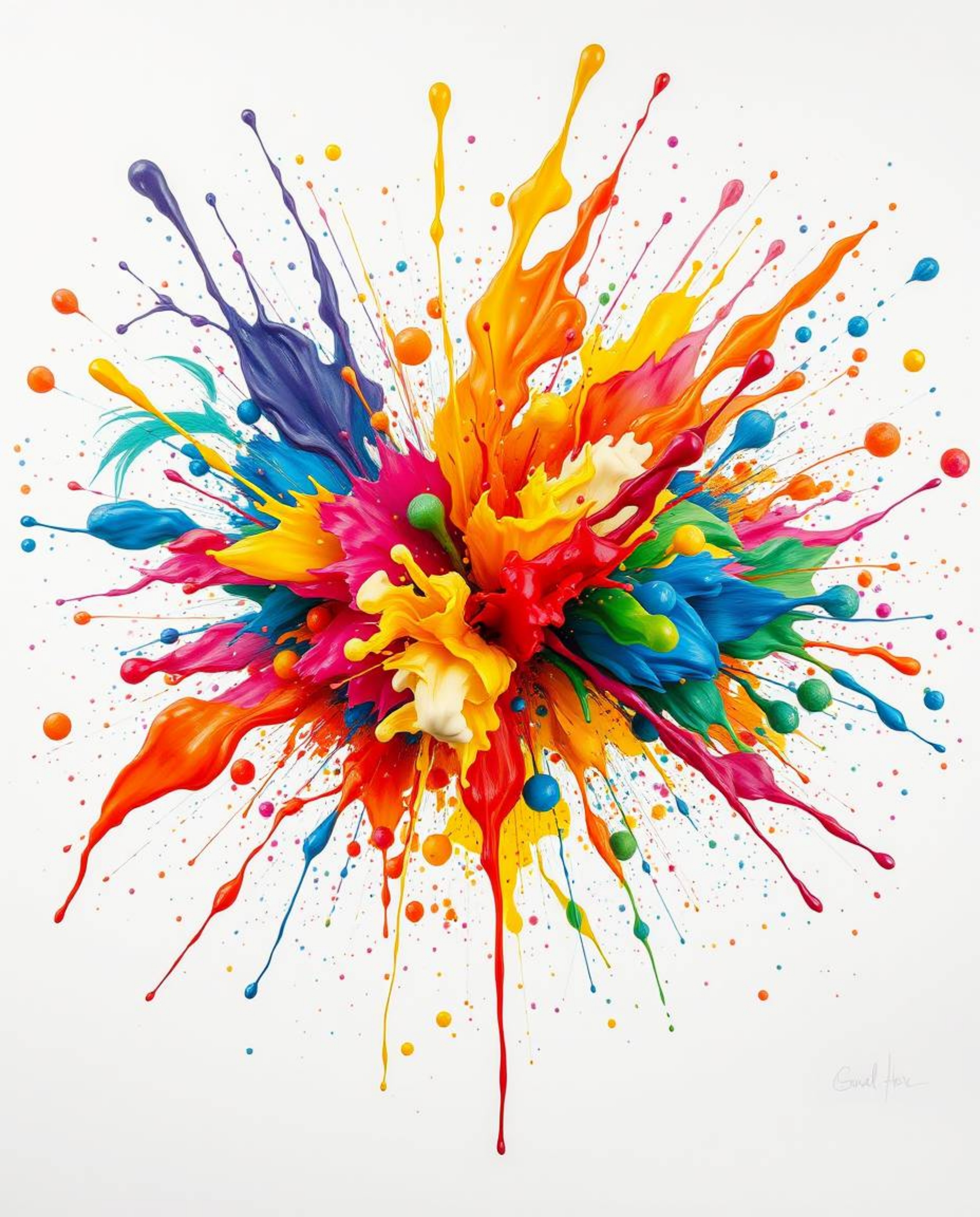 Witness a graceful and elegant explosion of vibrant color as paint splashes across a pristine white canvas. This high-detail 
