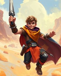 A breathtaking digital painting depicts a brave, Disney-style hero embarking on an epic desert adventure in a futuristic sett