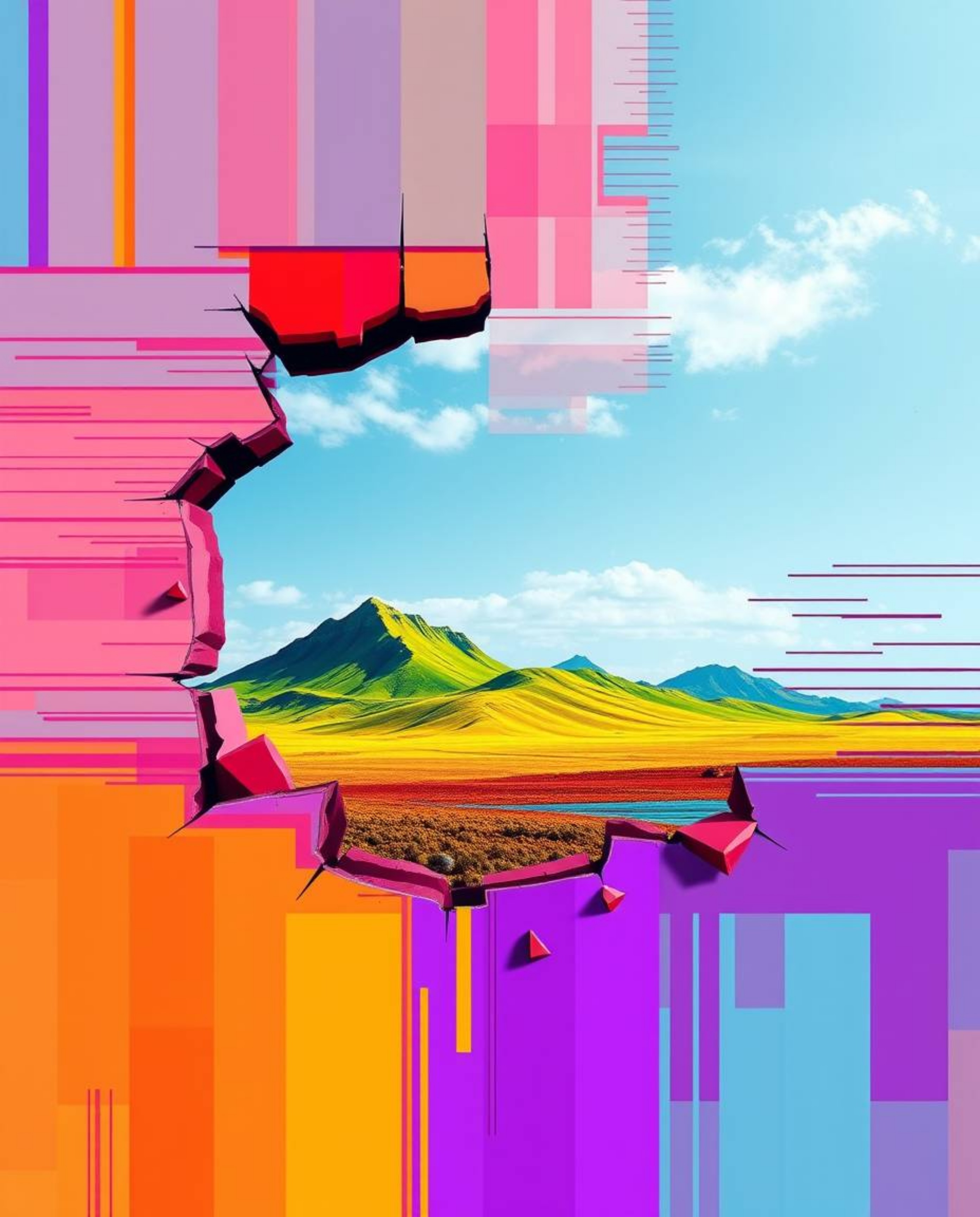 Explore a vibrant digital glitch landscape breaking apart in this high-resolution stock photo. Featuring a captivating combin