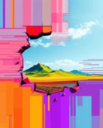 Explore a vibrant digital glitch landscape breaking apart in this high-resolution stock photo. Featuring a captivating combin