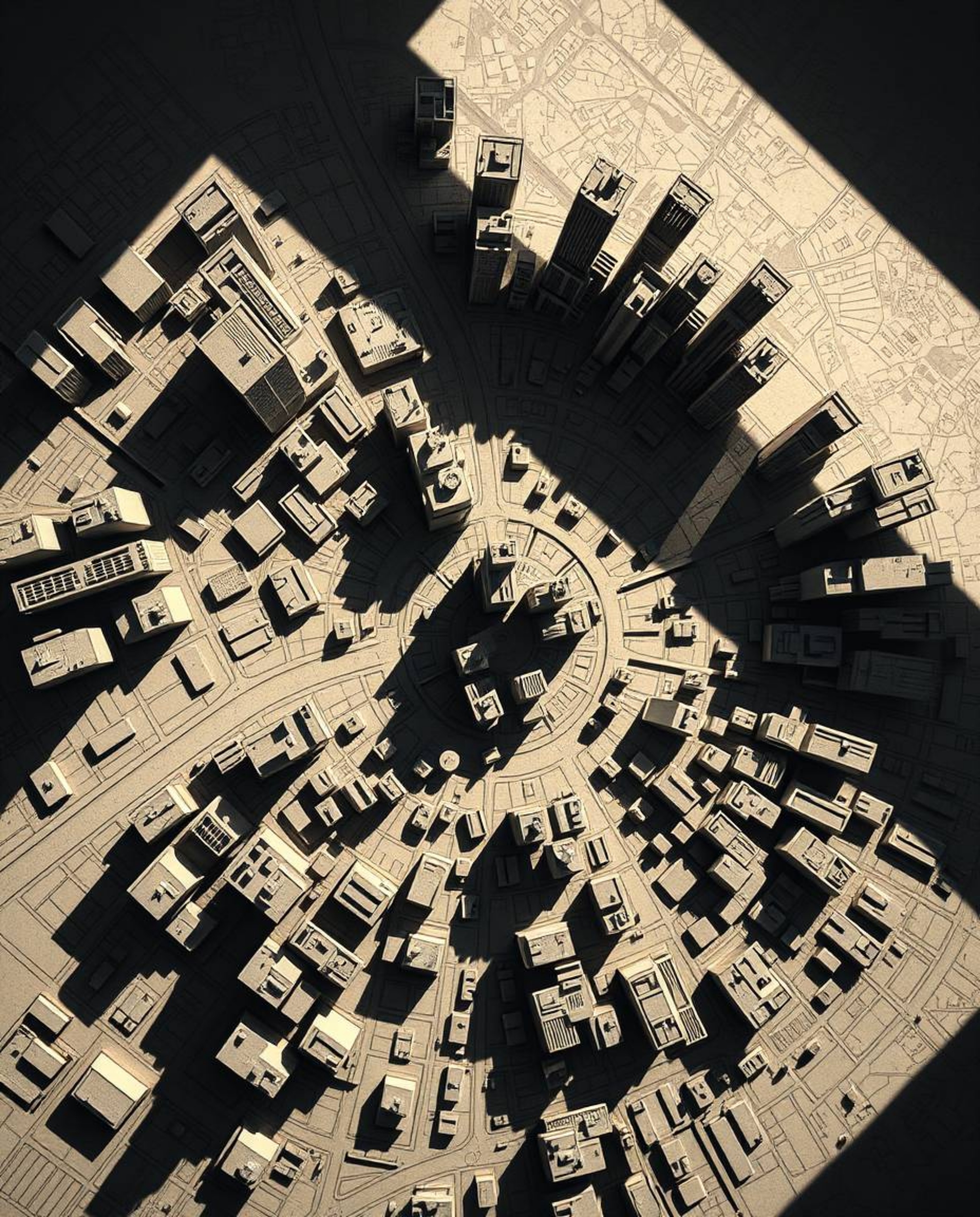 A captivating abstract city map rendered in geometric shapes, offering a striking bird's-eye perspective.  The image features