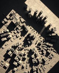 A captivating abstract city map rendered in geometric shapes, offering a striking bird's-eye perspective.  The image features