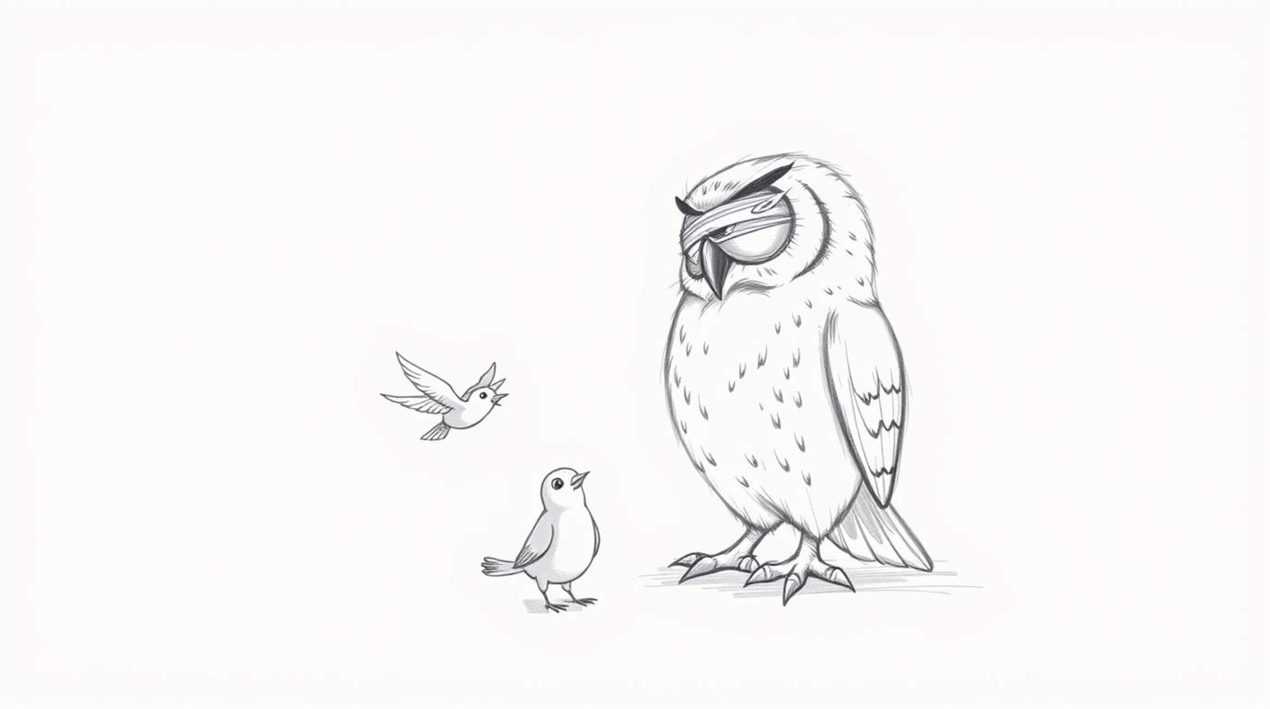 A heartwarming hand-drawn pencil sketch in the style of Pixar depicts a blind owl patiently guiding young birds as they learn