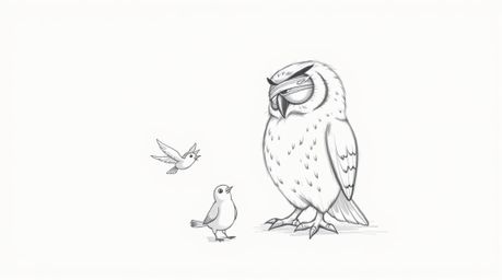 A heartwarming hand-drawn pencil sketch in the style of Pixar depicts a blind owl patiently guiding young birds as they learn