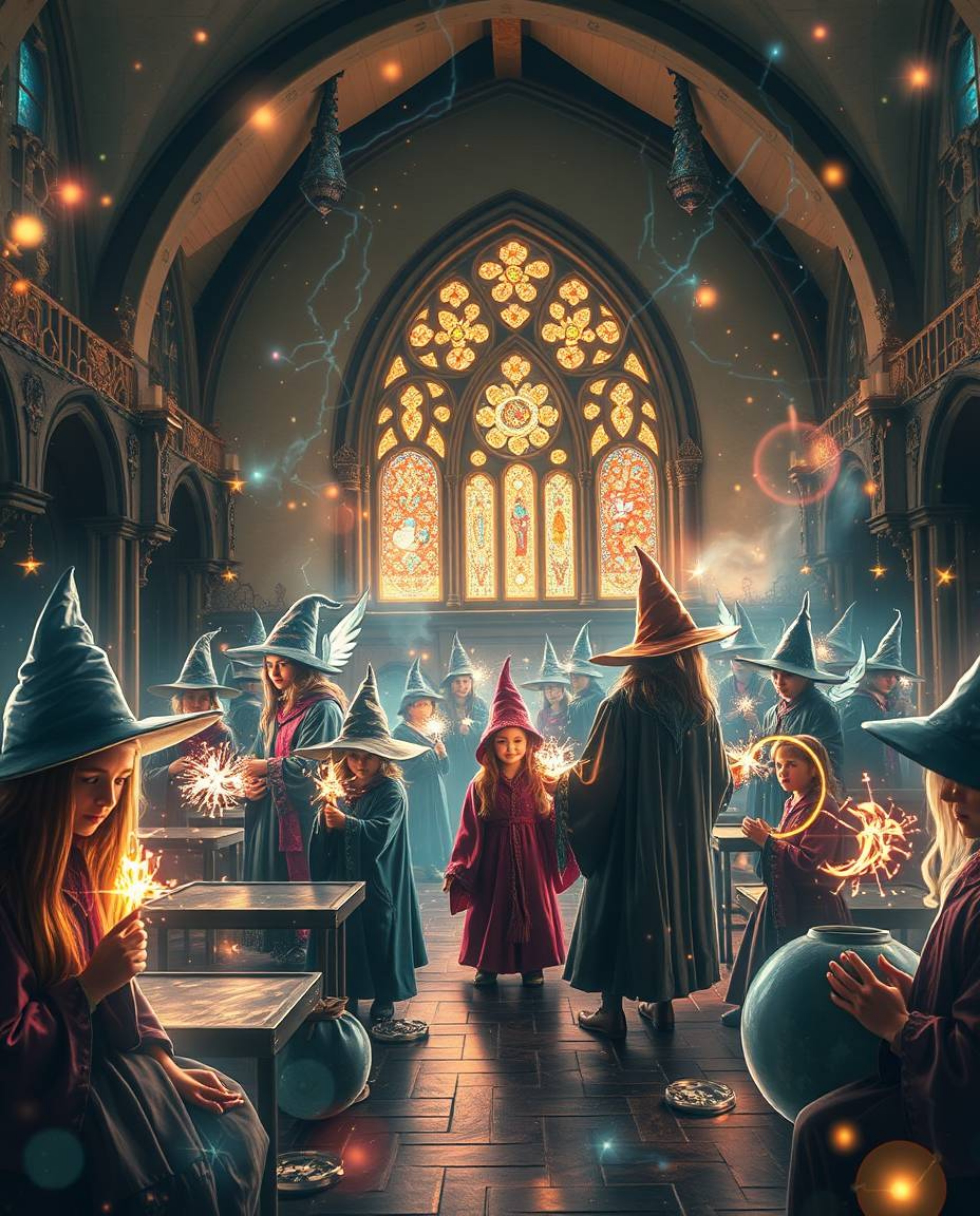 Discover a captivating magical school brimming with young wizards, depicted in a stunning light art style.  The artwork evoke