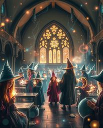 Discover a captivating magical school brimming with young wizards, depicted in a stunning light art style.  The artwork evoke