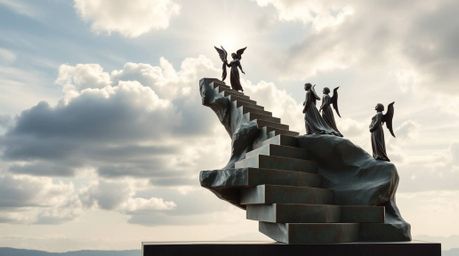 Explore this distinct split cast bronze sculpture depicting steps of light ascending into a cloudy sky. Angelic figures watch