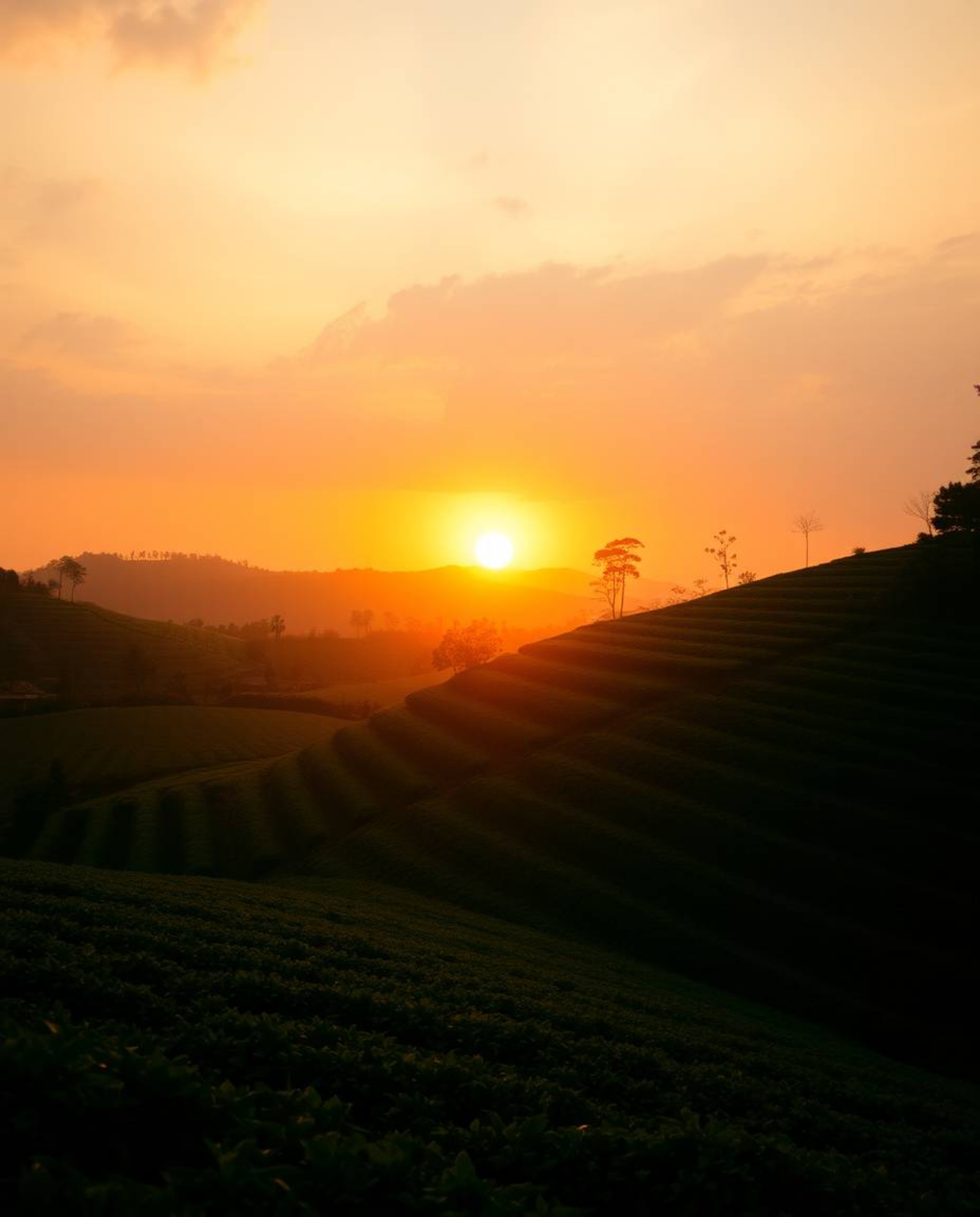 A dramatic cinematic style photograph captures a sunset over terraced tea plantations, bathed in warm golden hour light. The 