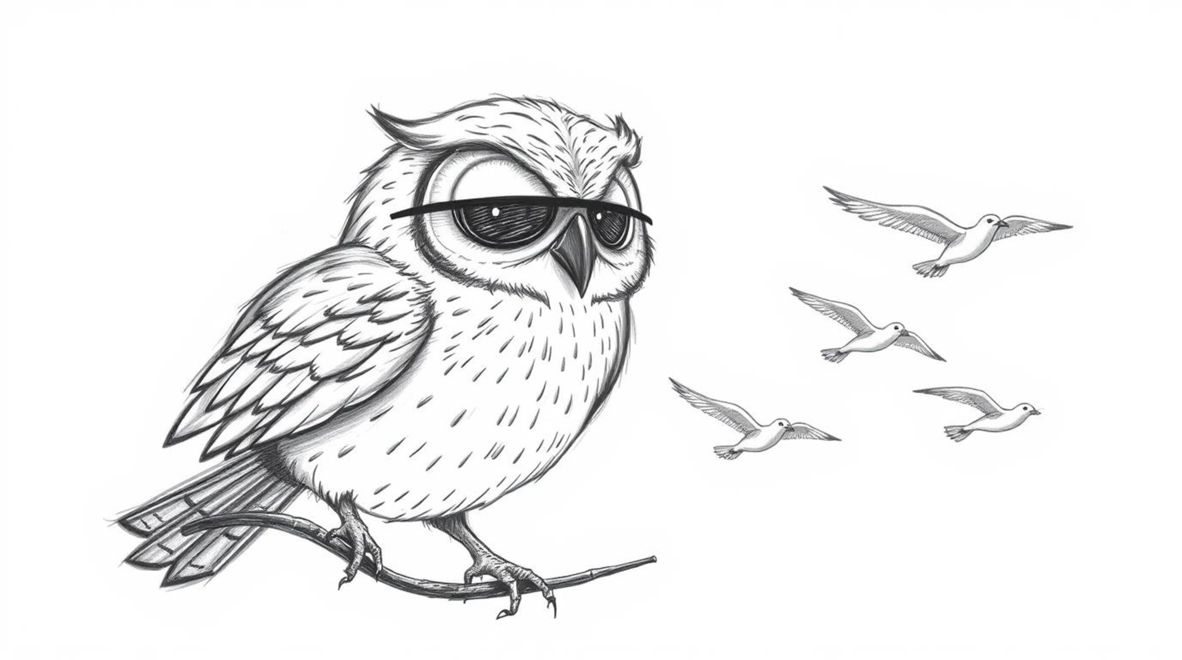 A Pixar-style hand-drawn sketch depicts a blind, wise-looking owl with soft, detailed feathers guiding a group of birds in fl