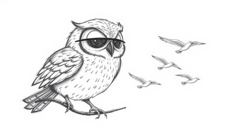 A Pixar-style hand-drawn sketch depicts a blind, wise-looking owl with soft, detailed feathers guiding a group of birds in fl
