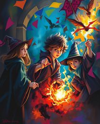 Discover a captivating painting depicting young wizards in a vibrant magical school.  The artwork features intense dramatic l