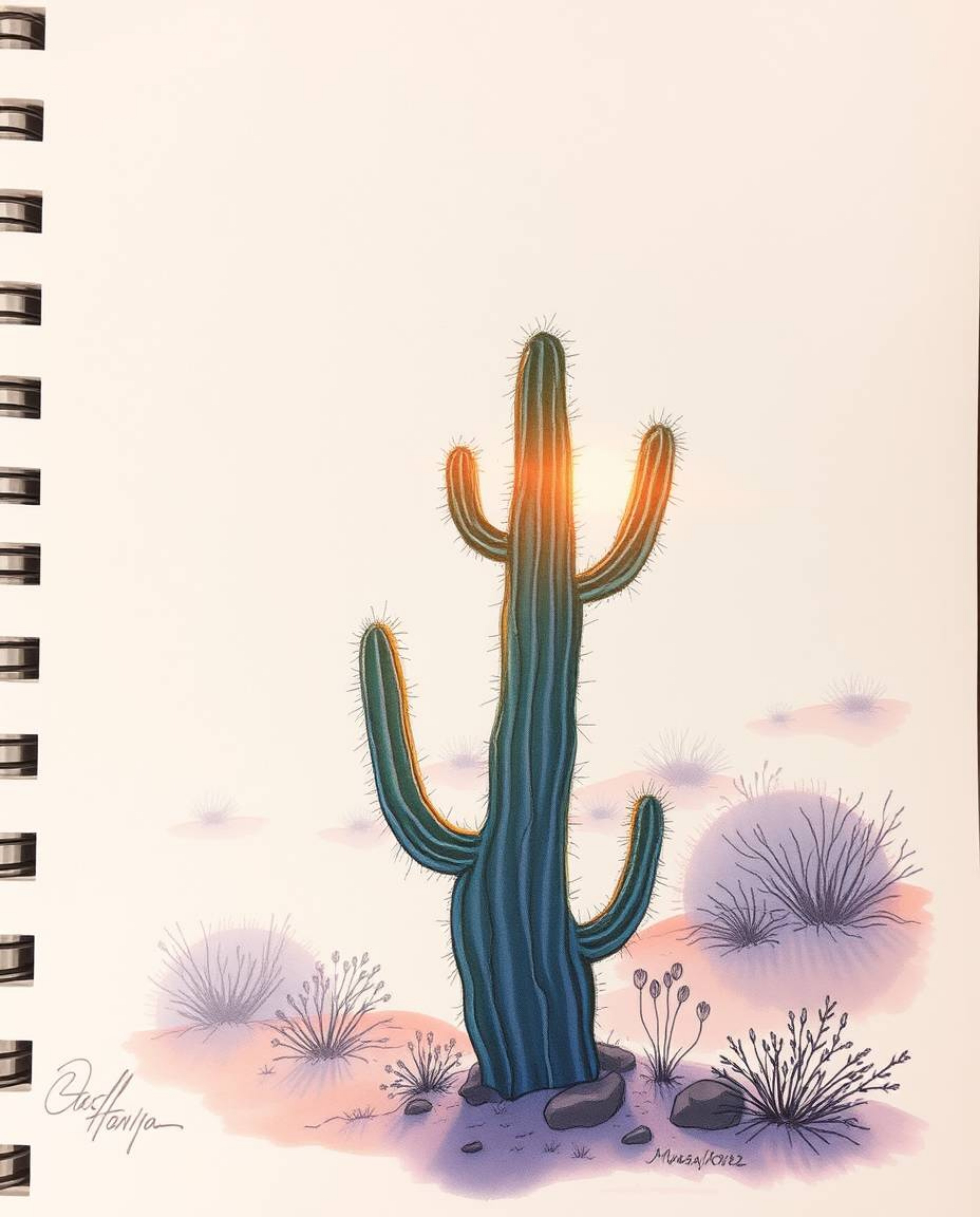 A charming hand-drawn color sketchnote depicts a desert cactus glowing in the last rays of the sun. The illustration masterfu