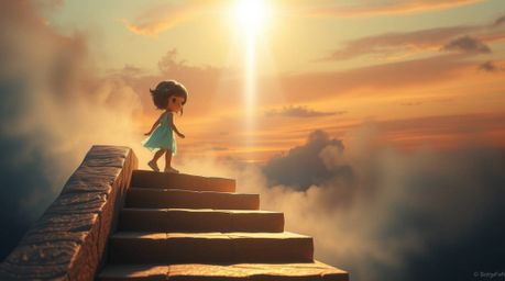 A captivating image of a solitary figure ascends a stone staircase toward a radiant beam of light, set against a mystical sun