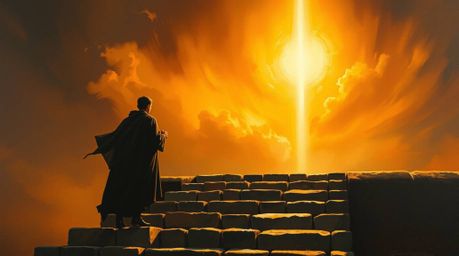 A classic oil painting depicts a lone figure ascending a stone staircase towards a divine beam of light in a smoky sunset sky