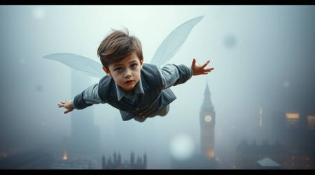 A young boy with elegant features soars above London, propelled by pixie dust amidst a thick fog that obscures the city. This