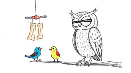 A whimsical, hand-drawn sketch in the style of Pixar depicts a blind owl ingeniously teaching small, colorful birds how to fl