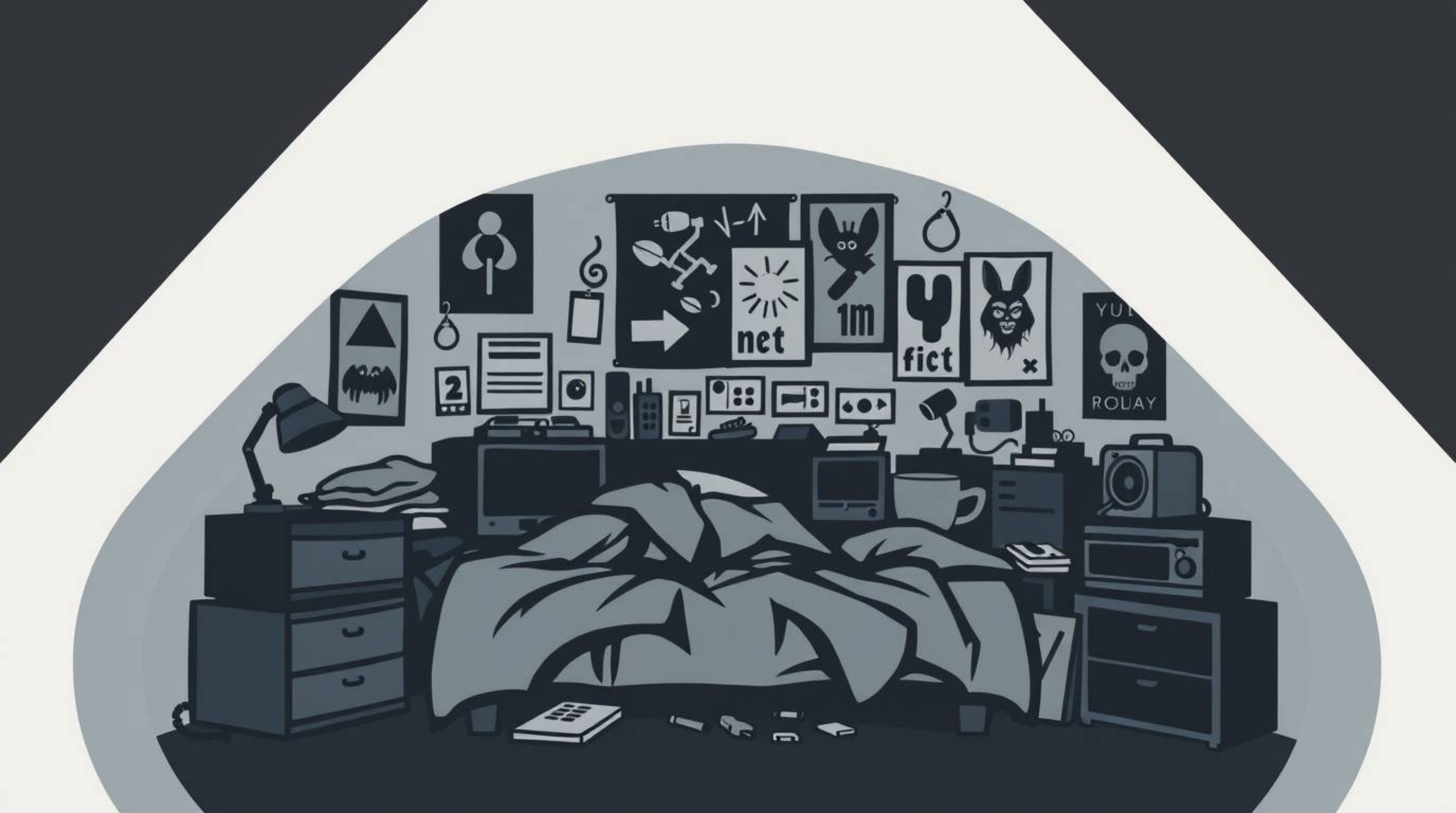 A striking logo design features a stylized messy bedroom scene incorporating weird gadgets and posters.  Rendered in geometri