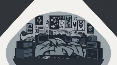 A striking logo design features a stylized messy bedroom scene incorporating weird gadgets and posters.  Rendered in geometri