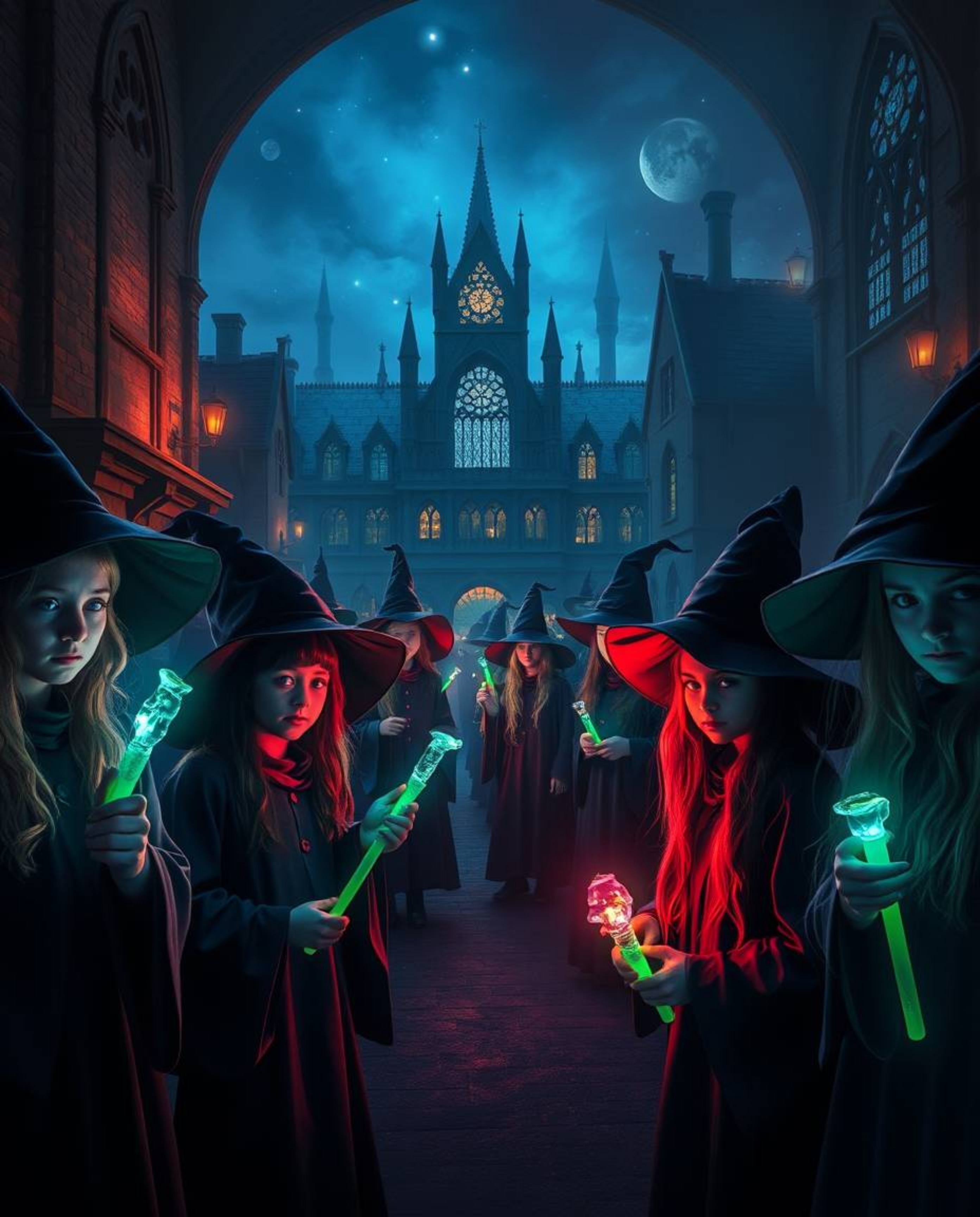 Explore a strong, moody portrayal of a magical school teeming with young wizards, all aglow with bioluminescent colors. This 