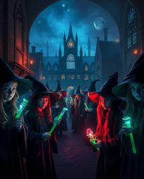 Explore a strong, moody portrayal of a magical school teeming with young wizards, all aglow with bioluminescent colors. This 