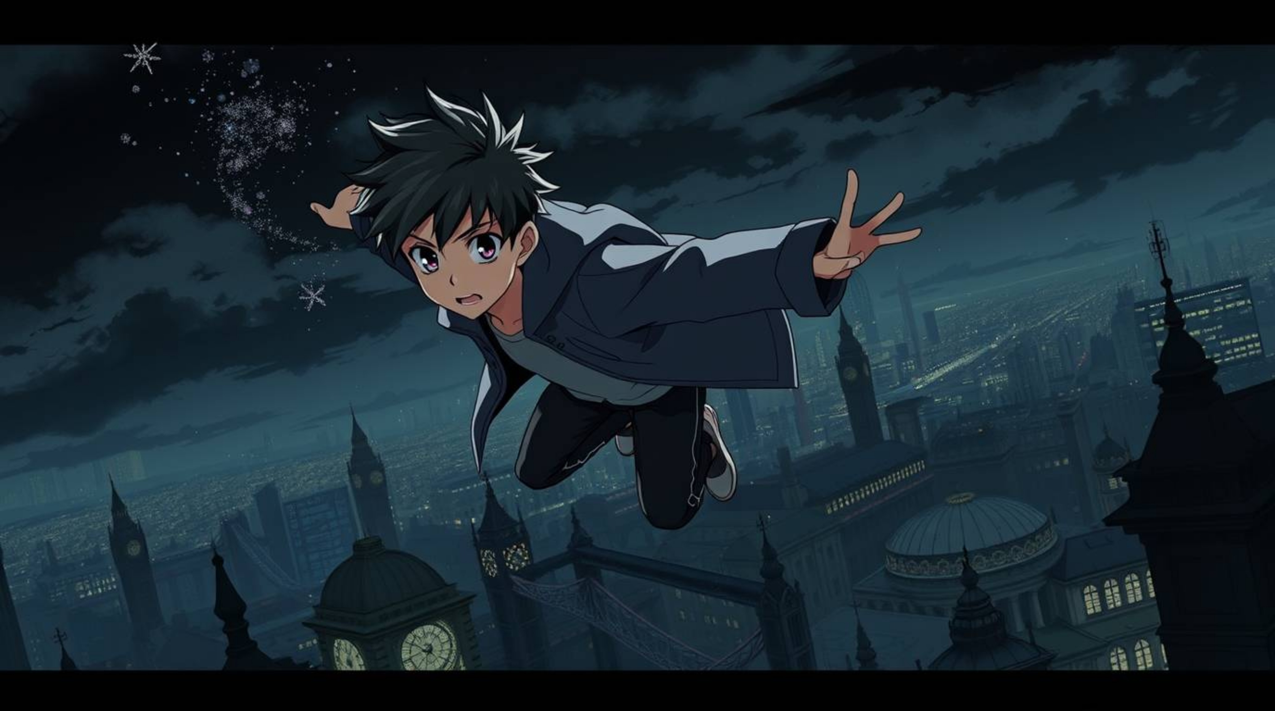 An Isekai anime-style illustration depicts a young boy with a determined expression soaring above a dark, shadowy London, pro