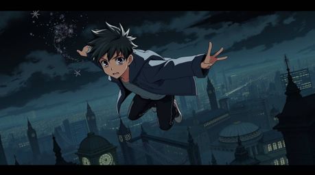 An Isekai anime-style illustration depicts a young boy with a determined expression soaring above a dark, shadowy London, pro