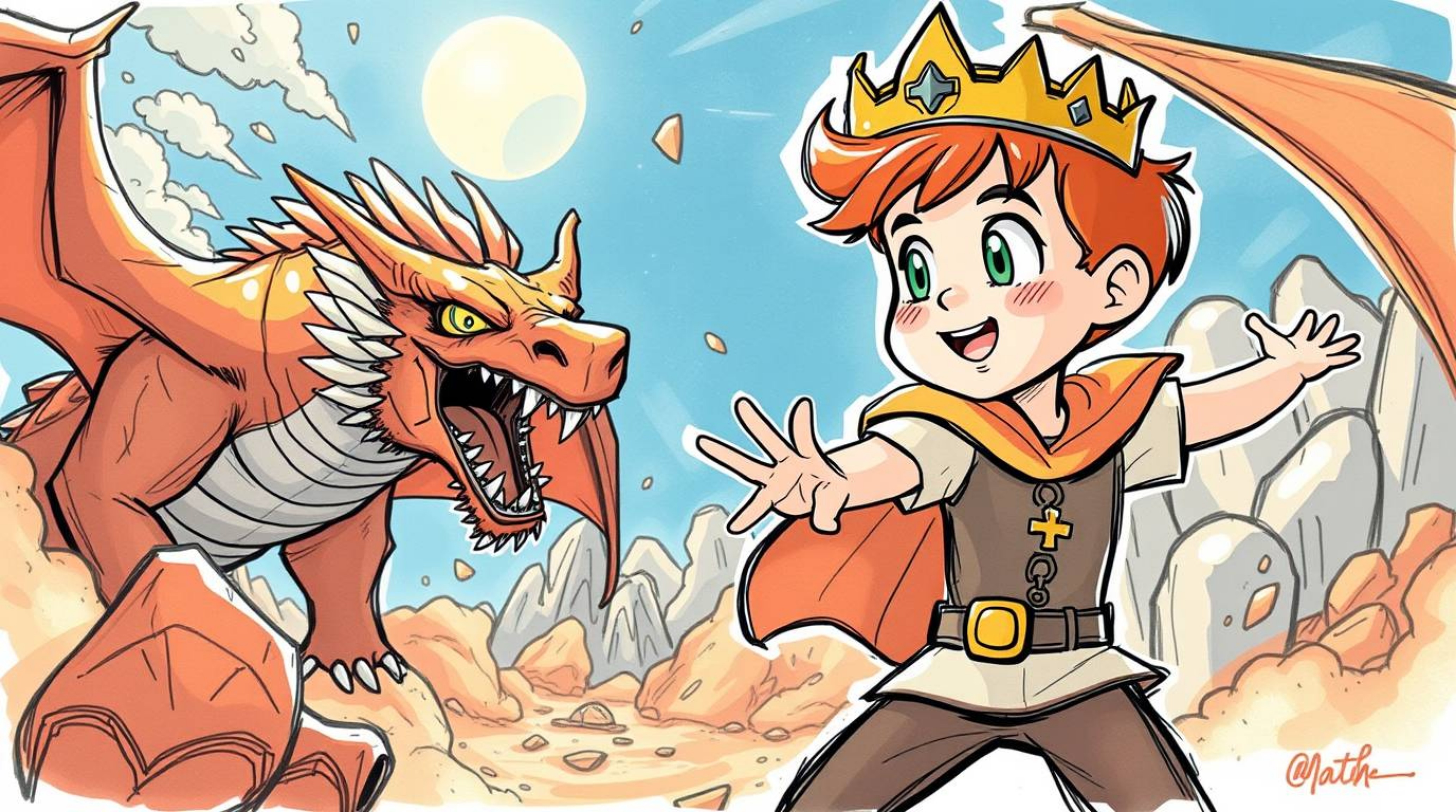 A captivating hand-drawn sketch in a vibrant 1950s animation style depicts a charming prince with rosy cheeks and bright eyes