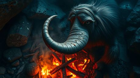 A stunning bird's-eye view showcases a caveman expertly cooking mammoth meat, brought to life with iridescent colors and capt