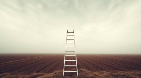 This architectural color photograph captures a minimalist scene: a silver ladder stands alone in an open field beneath a wide
