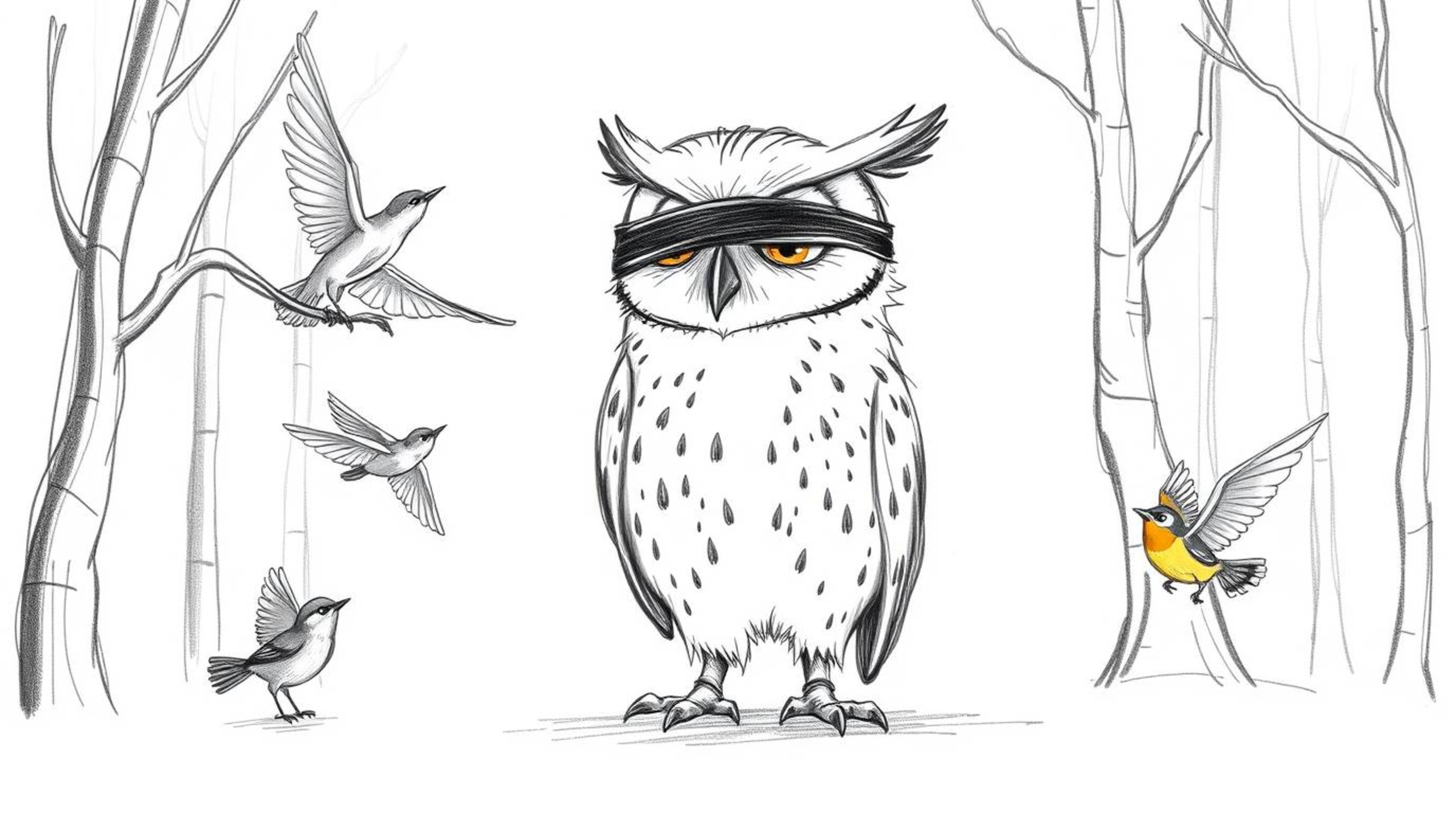 A heartwarming hand-drawn sketch in the style of Pixar depicts a wise, blind owl with soft feathers and expressive eyes teach