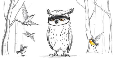 A heartwarming hand-drawn sketch in the style of Pixar depicts a wise, blind owl with soft feathers and expressive eyes teach