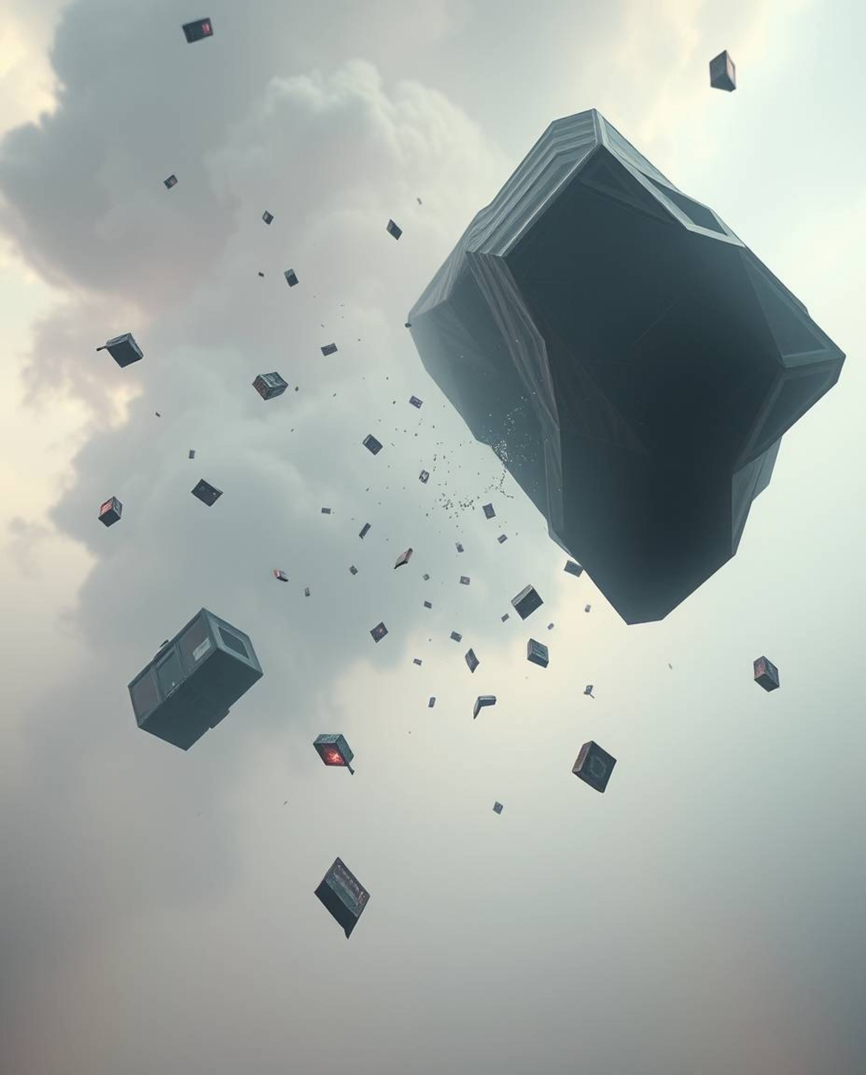Experience a surreal storm where reality bends, featuring flying objects and broken gravity, all rendered in mesmerizing irid