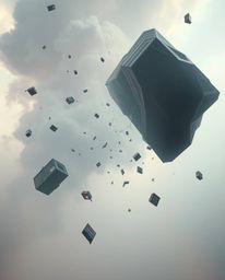 Experience a surreal storm where reality bends, featuring flying objects and broken gravity, all rendered in mesmerizing irid