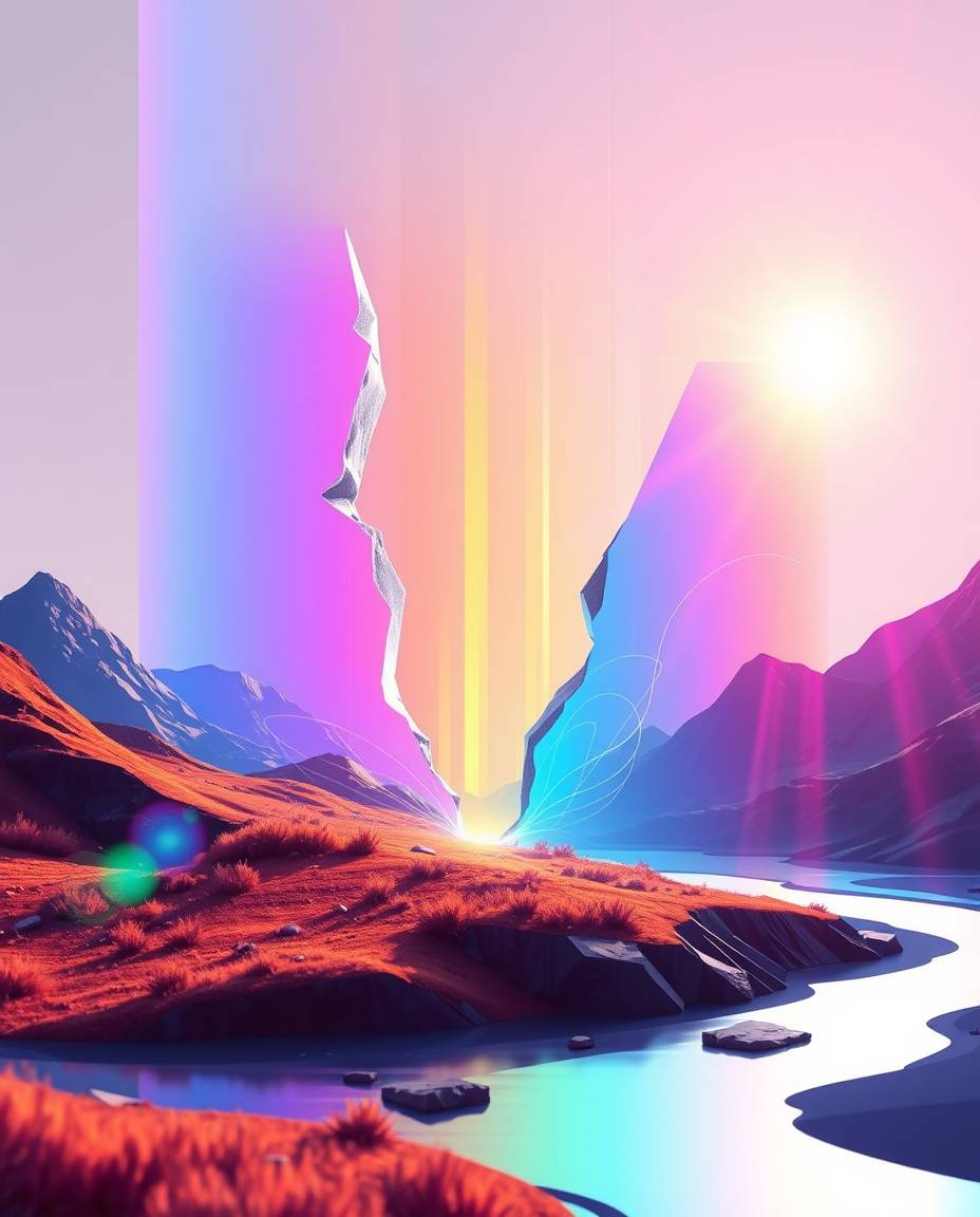 A modern flat design showcasing a digital glitch landscape breaking apart with bright lens flares and light streaks in vibran