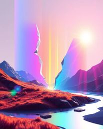 A modern flat design showcasing a digital glitch landscape breaking apart with bright lens flares and light streaks in vibran
