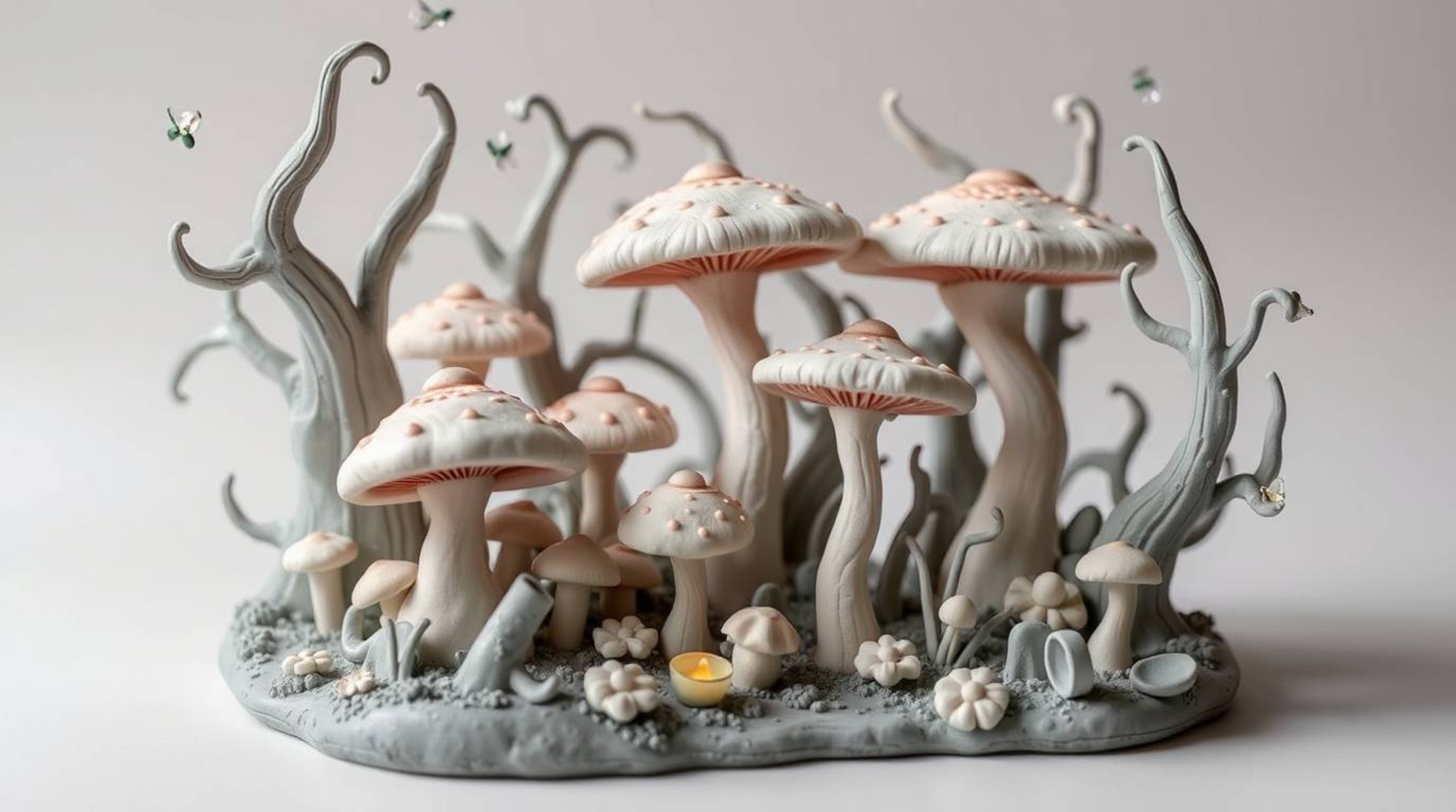 This sculptural clay art piece depicts a graceful and elegant, vintage-style enchanted forest, complete with glowing mushroom